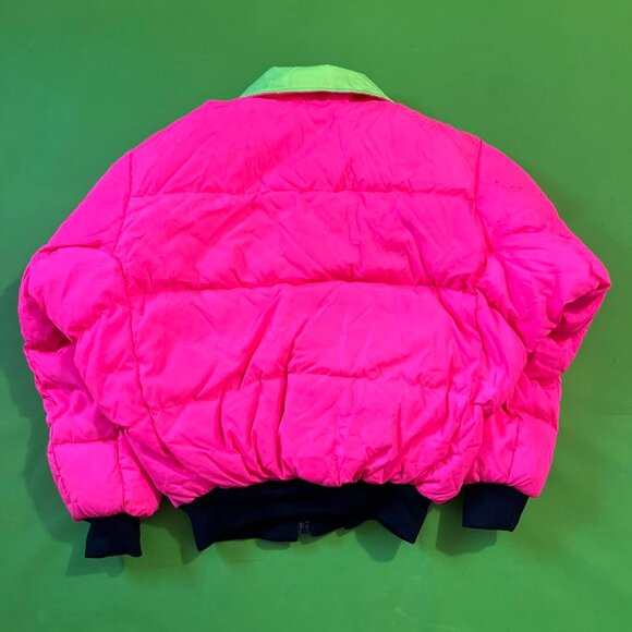 Small 80s Columbia Hot Pink Fluorescent Reversible Down Filled Coat Jacket - Picture 2 of 6